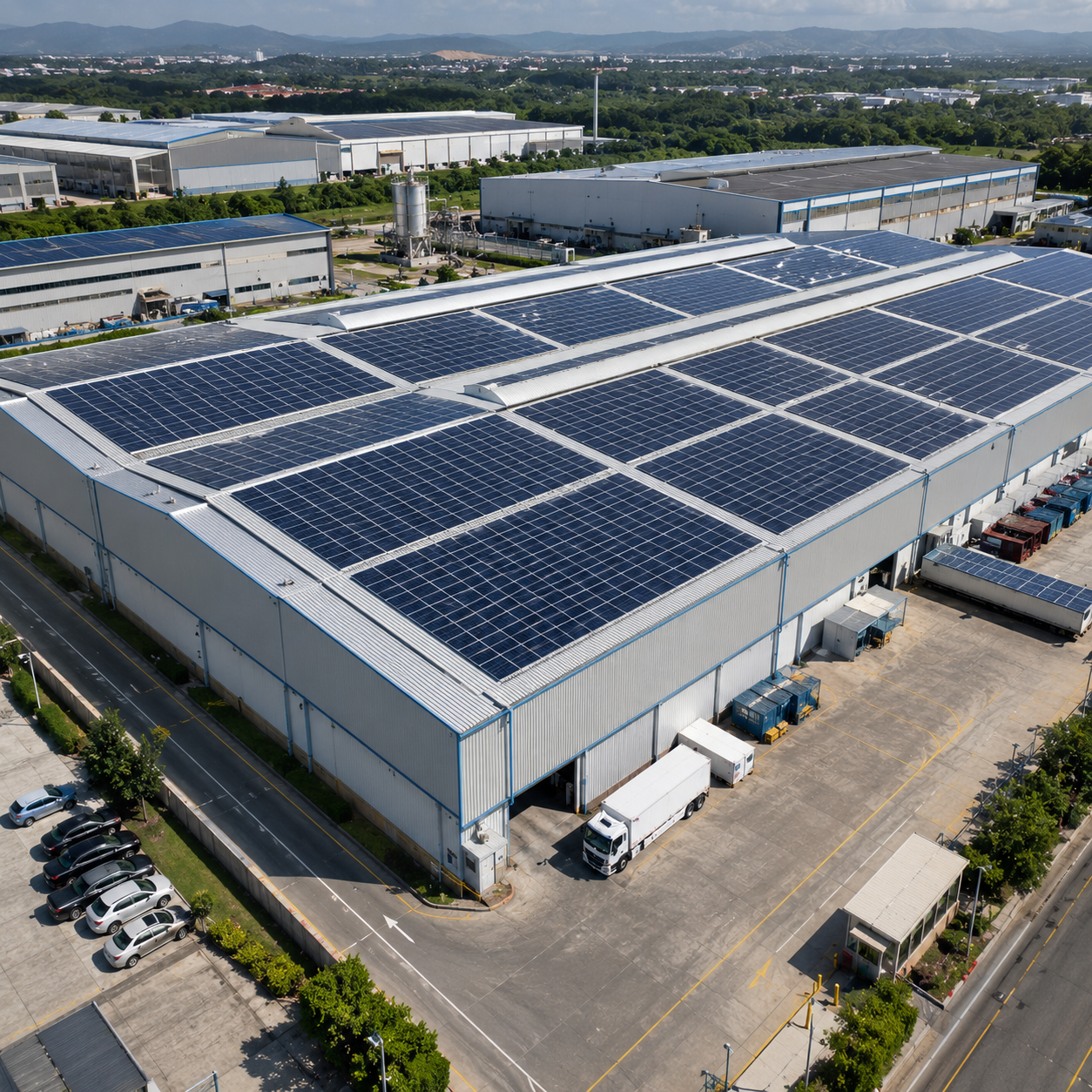 Paneles solares industriales instalados en fábrica en zona franca