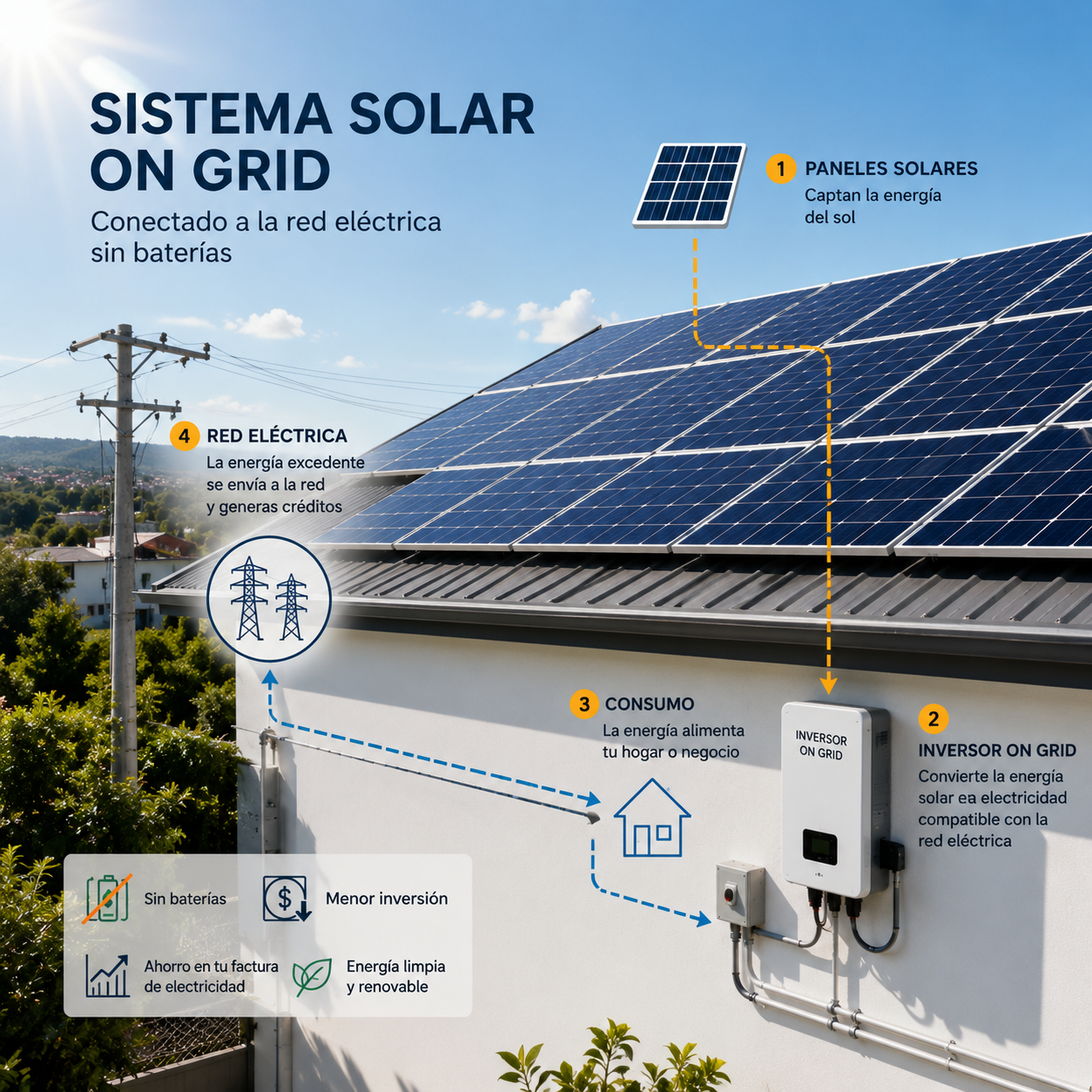 Sistema On-Grid de paneles solares conectado a la red eléctrica